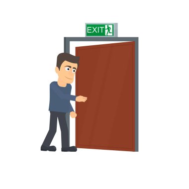 Tahliye çıkışı. Adam kapıdan çıkıyor, vektör çizimi.