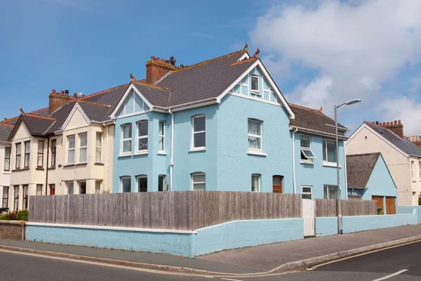 Blue house on the corner of street — Stock Photo, Image