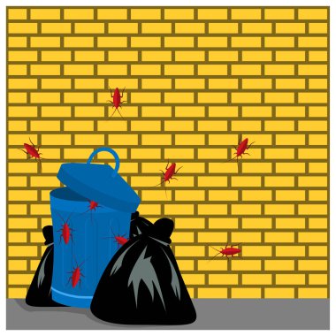 Hamamböcekleriyle dolu bir çöp. Tuğla duvar arkaplanındaki Vektör Resimleri.