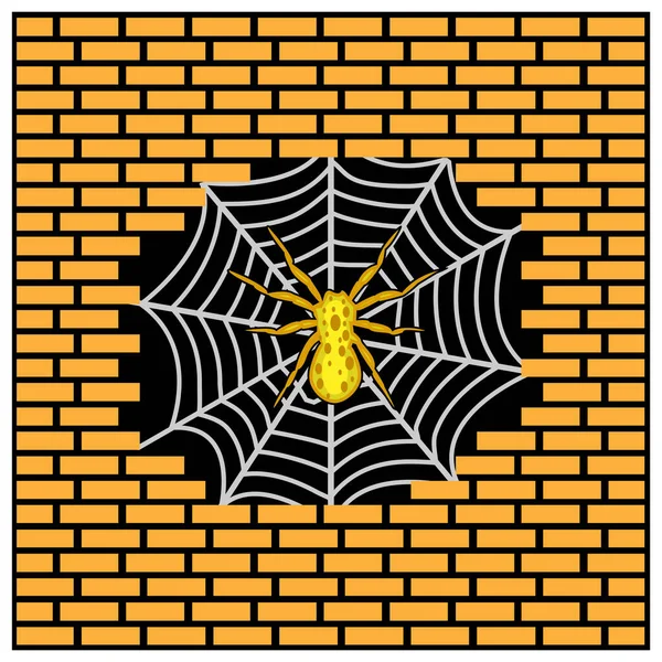 Spider Nesting Muur Van Hole Brick Vector Illustratie Bakstenen Muurachtergrond — Stockvector