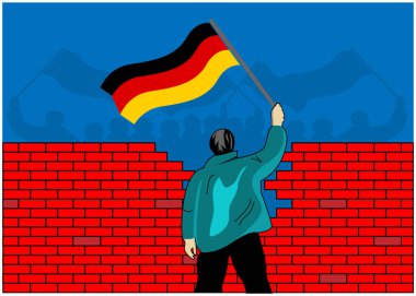 Duvarla ayrılmış Alman bayrakları tutan insanlar. Batı Almanya ve Doğu Almanya 'nın birleşmesi kavramı. Berlin Duvarı 'nın yıkılması