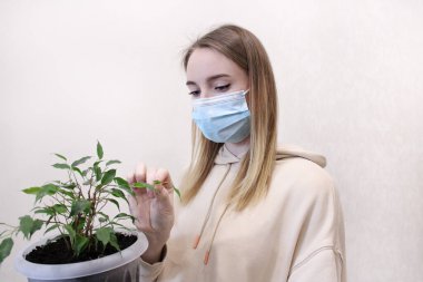 Bir kız salgın yüzünden tıbbi maske takan bir bitkiyle ilgileniyor. Hastalıkların tedavisi için doğal malzemeler. Bitki alerjisi.