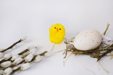 Söğüt dalları, tavuk ve samanlıkta paskalya yumurtası beyaz izole bir arka plandadır. Mutlu Paskalyalar için arka plan. Metnin için bir yer var..