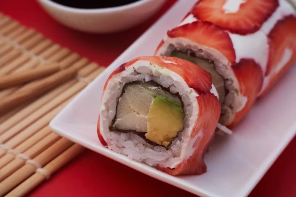 Cheese Avocado Sushi Wrapped Strawberries Red Dominance — Stock Photo, Image
