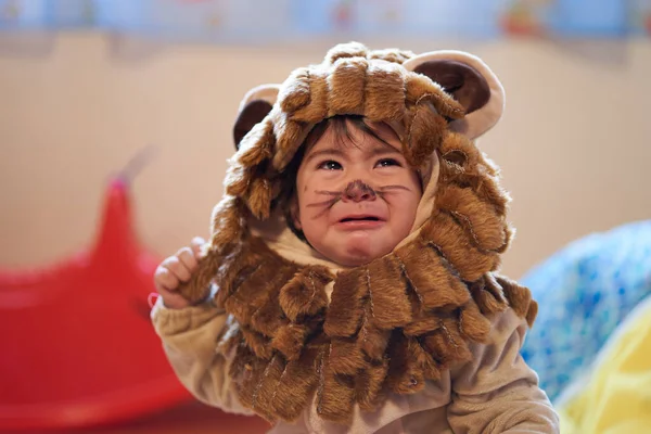 Aslan gibi giyinmiş çocuk tedirgin bir şekilde ağlıyor. Üzüntü