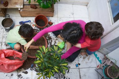 Anne çocukları oynarken bahçeler. Üst Manzara. Çocuklar için ekolojik eğitim. Bahçe oturumu
