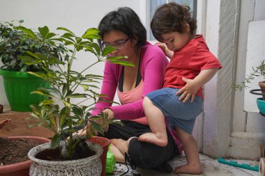 Oğlu bacağını temizlerken anne bahçeleri. Çocuklar için ekolojik eğitim. Bahçe oturumu