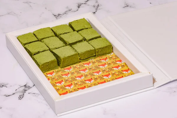 Nama Matcha Chocolate White Marble Countertop Image Can Utilized Editorially — Photo