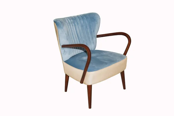 Comfortable Blue Velours Armchair Armrests White Background Interior Element — ストック写真