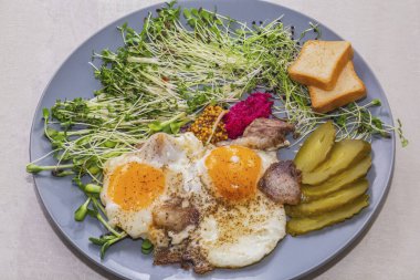 Jambonlu omlet, mikro yeşil, hardal ve salatalık turşusu.