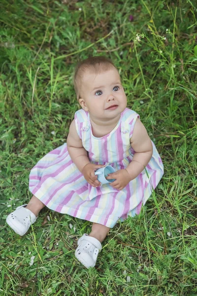 Beau Bébé Dans Une Robe Rayée Multicolore Assis Dans Champ — Photo