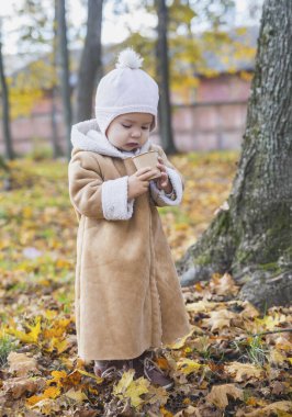 Güz ormanında çay içen ceketli güzel bir bebek.