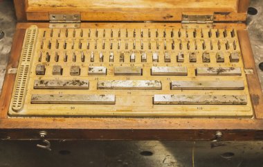 Old set of end measures used to checking the accuracy of measuring instruments, setting up machine tools