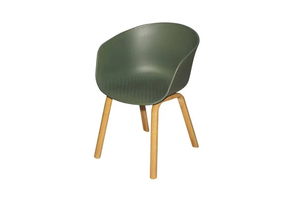 Zielony Plastikowy Fotel Drewnianych Nogach Białym Tle Element Wewnętrzny — Zdjęcie stockowe