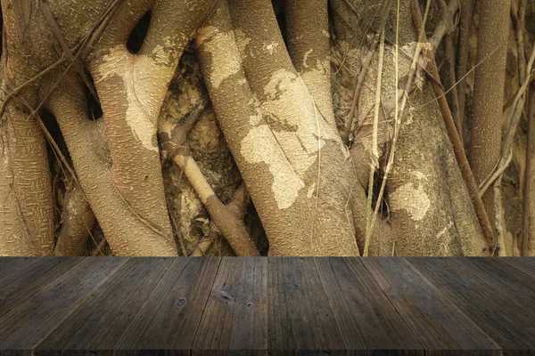 Superficie de textura de madera con terraza de madera y mapa mundial — Foto de Stock