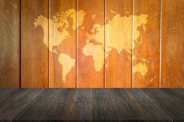 Ahşap doku yüzeyi ahşap Teras ve dünya ile harita