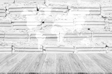 Kırmızı tuğla duvar doku yüzeyi ahşap Teras ve dünya ile harita