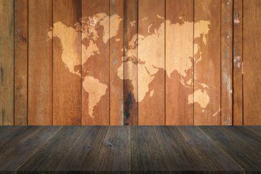 Ahşap doku yüzeyi ahşap Teras ve dünya ile harita