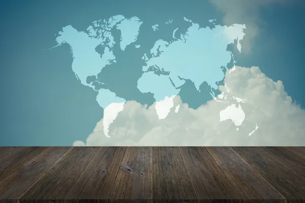 Blue sky cloud with Wood terrace and world map , process in vint