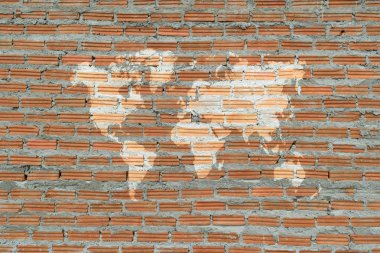 Dünya Haritası ile doku yüzeyi kırmızı tuğla duvar