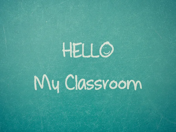 Zielona tablica tekstura ściana z słowem Hello My klasie — Zdjęcie stockowe