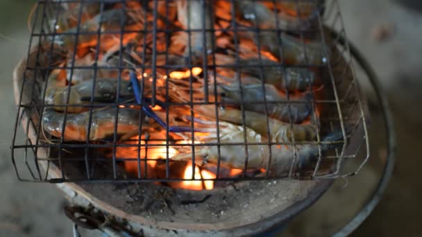 Camarones a la parrilla (camarones gigantes de agua dulce ) — Vídeos de Stock