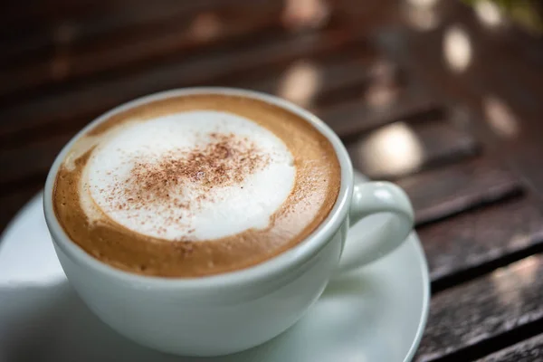 Boisson Café Dans Tasse Café Blanche Sur Table Bois Pour — Photo