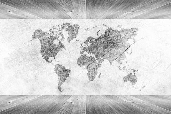 Ahşap duvar ve zemin oda iç beyaz renk ile Dünya Haritası — Stok fotoğraf