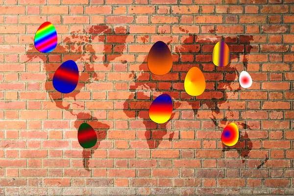 Coloridos huevos de Pascua en la textura de la pared de ladrillo rojo con mapa del mundo — Foto de Stock