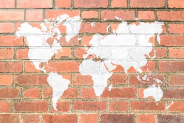 Kırmızı tuğla duvar dokusu yumuşak sesi beyaz renk ile Dünya Haritası