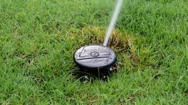 Sprinkler on the grass field — стоковое видео