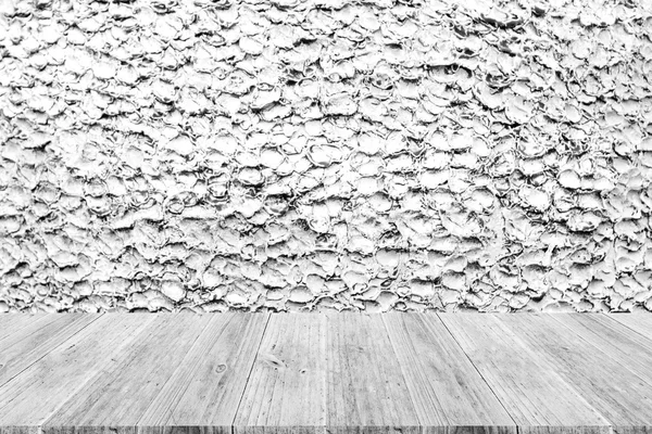 Terraza de madera y textura de pared de piedra — Foto de Stock