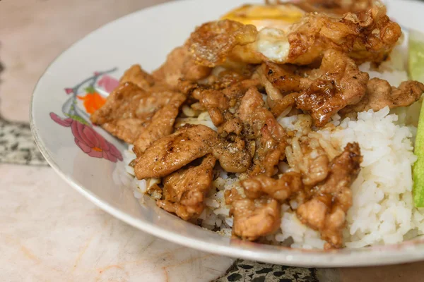 Nasi ditaburi dengan daging babi goreng bawang putih — Stok Foto