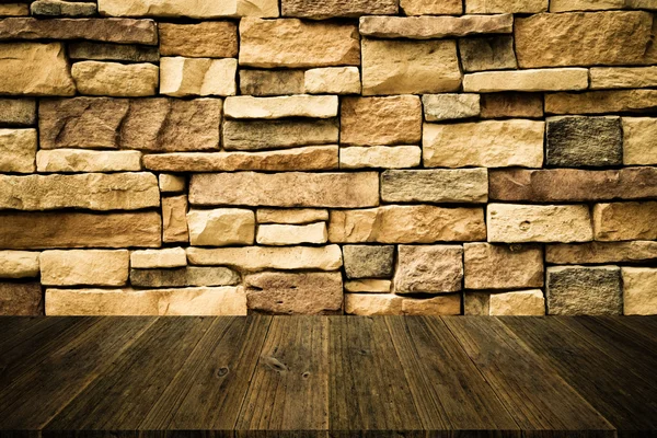 Terraço de madeira e parede de pedra textura estilo vintage — Fotografia de Stock
