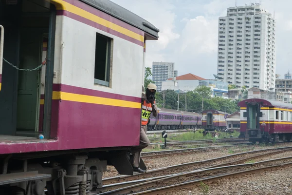 Controlling the locomotive for switching the railway — Stock Photo, Image