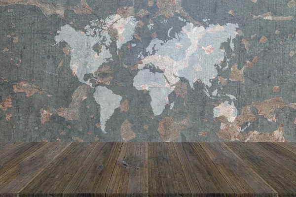 Wood terrace and Wall texture with world map — Stock Photo, Image