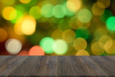 Ahşap Teras ve soyut bokeh arka plan Christmas Tree, p