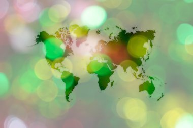 Soyut bokeh arka planını Dünya Haritası ile Noel ağacı
