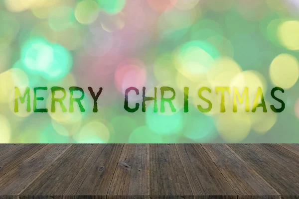 Wood terrace and Abstract bokeh background of Christmas tree — Stock Photo, Image