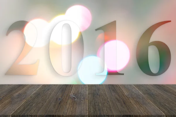 Träterrass och abstrakt bokeh bakgrund av julgran 201 — Stockfoto