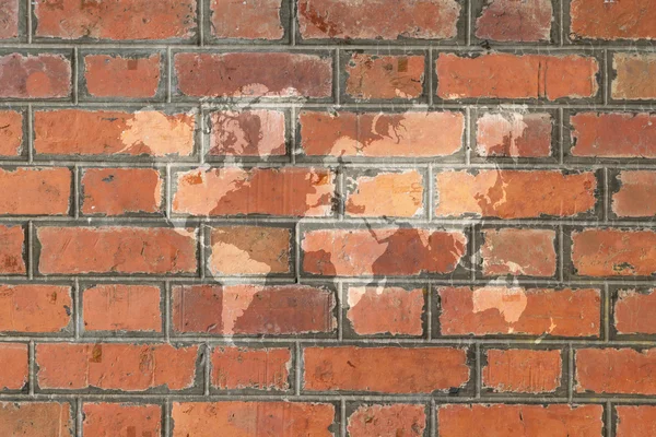 Red Brick wall texture surface with world map — Stock Photo, Image