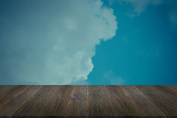 Blue sky cloud with Wood terrace , process in vintage style — Stock Photo, Image