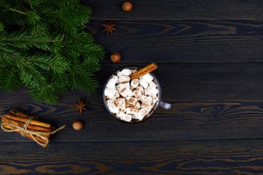 Marşmelov ve tarçınlı bir fincan sıcak çikolata. Kakaodan yapılan kış içeceği. Üst görünüm, alanı kopyala.