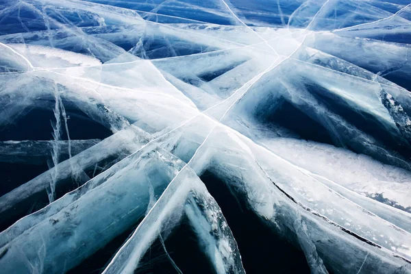 Vacker Transparent Blå Med Sprickor Ovanifrån Bajkalsjön Vintern Naturlig Kall — Stockfoto