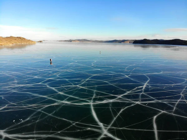 Shore Frozen Lake Baikal Air Beautiful Pattern Transparent Ice Cracks — Stock Photo, Image