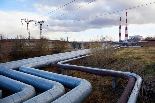 Pipeline Thermal Power Plant Heating City Industrial Zone Environmental Pollution — Stock Photo, Image