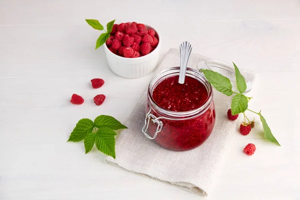 Homemade Raspberry Jam Glass Jar Linen Napkin Fresh Raspberry Ceramic — Stock Photo, Image