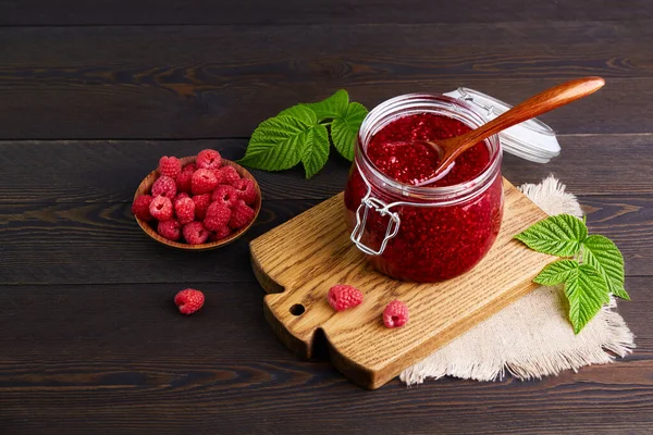 Raspberry Jam Glass Jar Fresh Berries Bowl Dark Wooden Background — Stock Photo, Image