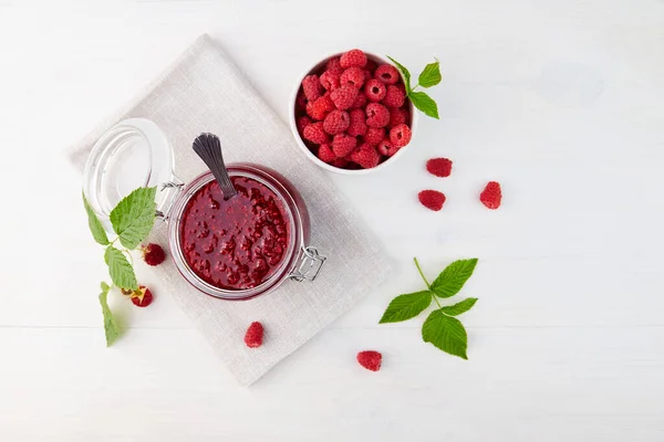 Raspberry Jam Glass Jar Fresh Berries Bowl White Wood Background — Stock Photo, Image