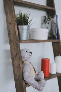 Ahşap bir rafta dekor. Yumuşak oyuncak, mumlar ve bir saksı çiçek evdeki rafta..